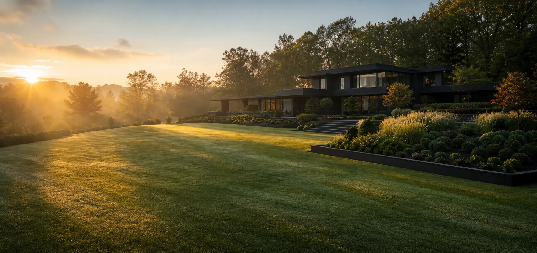 Contemporary estate surrounded by an expansive landscaped lawn at sunrise